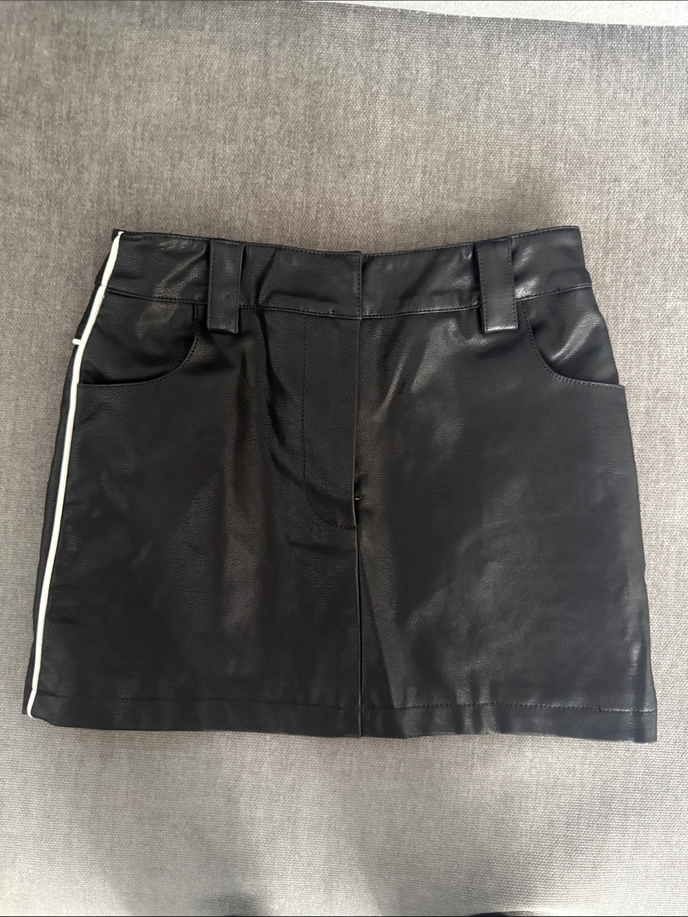Black Faux Leather Mini Skirt with White Side Stripe